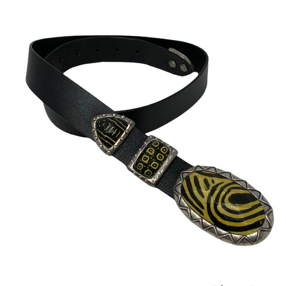 Chico's black leather belt metal tribal buckle size medium - Picture 2 of 8